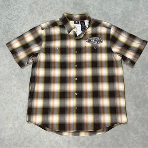 Harley Davidson Men's Orange Brown Plaid Button-up Shirt Short Sleeve Size XL